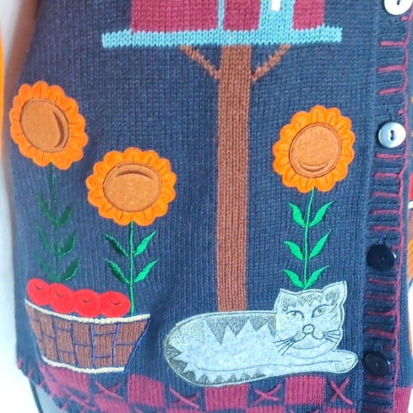 CAPACITY Bird House Daisy Pumpkin Cat Fall Sweater Button Up Vest Sz M Halloween - Picture 3 of 9